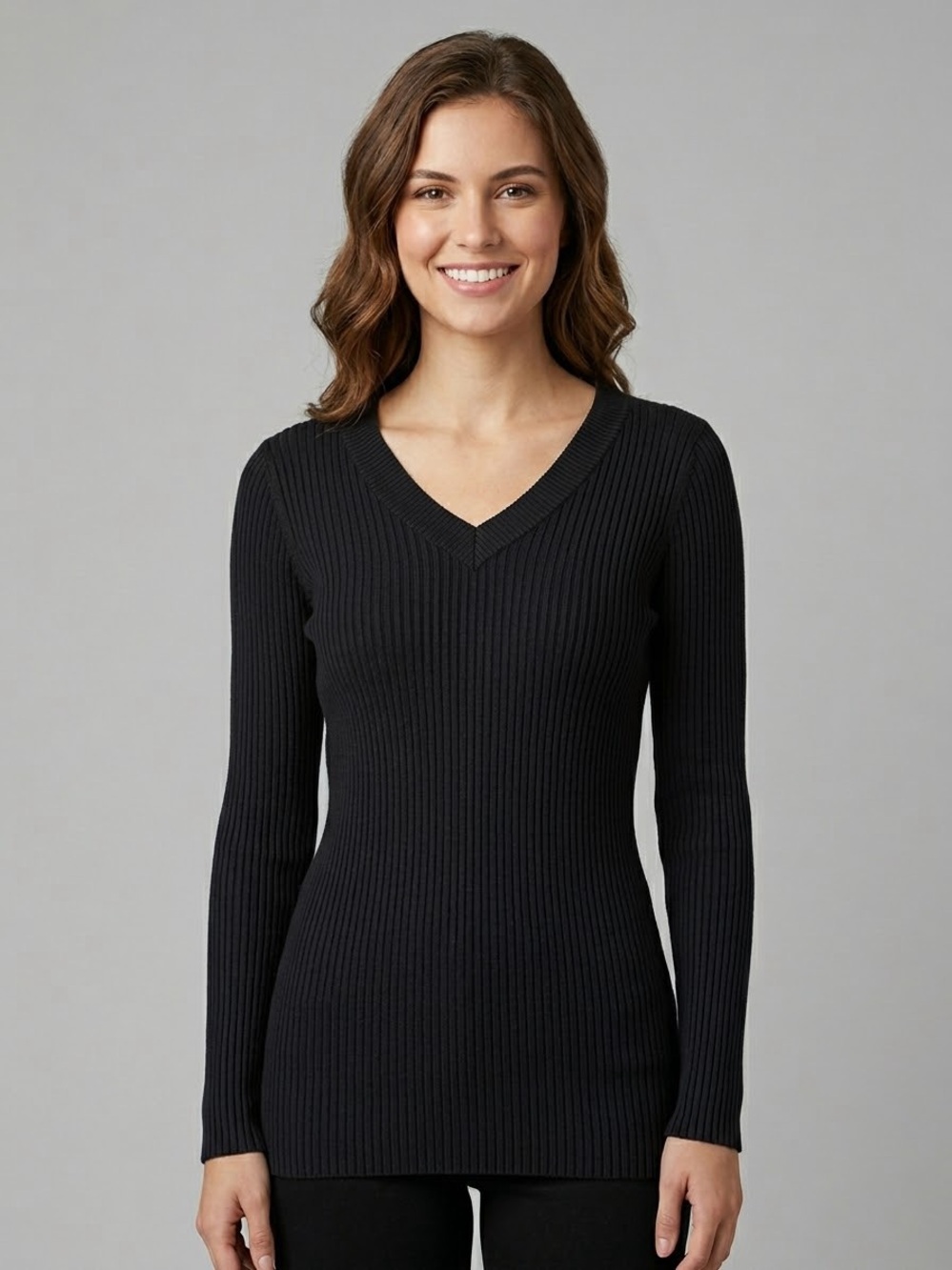 Cool Attitude Ribbed V-Neck Sweater Long Sleeve Fitted Knit Tunic Pullover Top